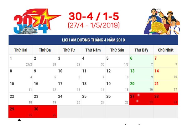 THÔNG BÁO LỊCH NGHỈ LỄ 30/04 VÀ 01/05/2019.