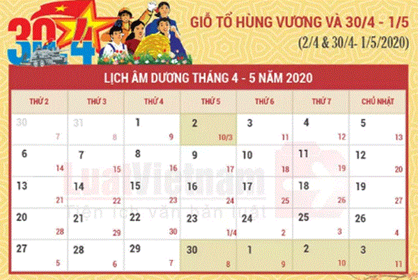 THÔNG BÁO LỊCH NGHỈ LỄ 30/04 VÀ 01/05/2020.